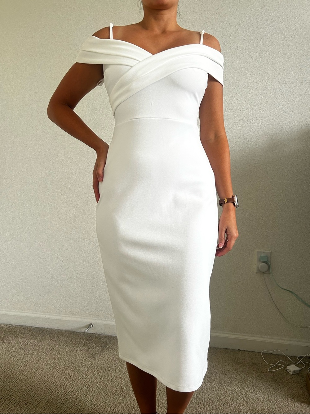 White One-Shoulder Midi Dress with Draped Neckline